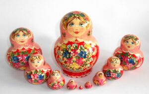 Klara in pink scarf red dress 10-set Babushka Matryoshka nesting Doll Babooshki Babushkas
