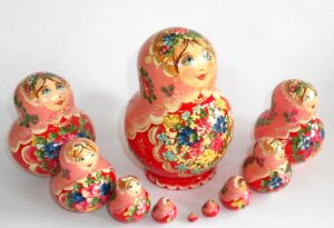 Klara in pink scarf red dress 10-set nesting Doll Babooshki s
