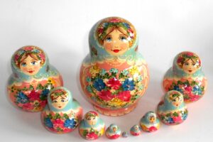 Klara in light blue scarf pink dress 10-set Babushka Matryoshka nesting Doll Babooshki Babushkas