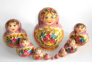 Klara in light purple scarf golden dress 10-set Babushka Matryoshka nesting Doll Babooshki Babushkas