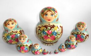 Klara in light blue scarf brown dress 10-set Babushka Matryoshka nesting Doll Babooshki Babushkas