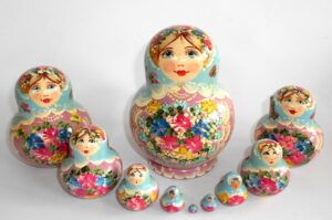 Klara in light blue scarf light purple dress 10-set Babushka Matryoshka nesting Doll Babooshki Babushkas