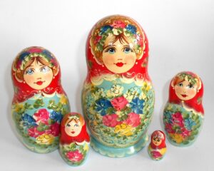 Klara Medium in red scarf blue dress Babushka Matryoshka nesting Doll Babooshki Babushkas