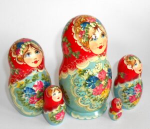 Klara Medium in red scarf blue dress nesting Doll Babooshki s