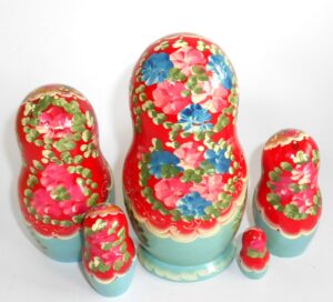 Klara Medium in red scarf blue dress nesting Doll Babooshki s