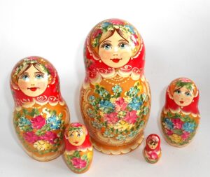 Klara Medium in red scarf golden dress Babushka Matryoshka nesting Doll Babooshki Babushkas