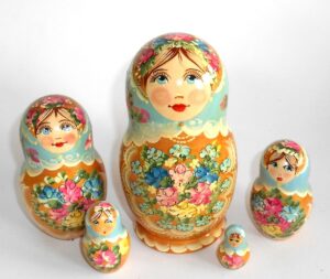 Klara Medium in blue scarf gold dress Babushka Matryoshka nesting Doll Babooshki Babushkas