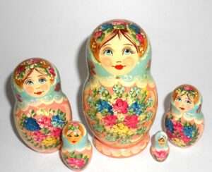 Klara Medium in blue scarf pink dress Babushka Matryoshka nesting Doll Babooshki Babushkas
