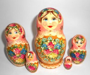 Klara Medium in pink scarf gold dress Babushka Matryoshka nesting Doll Babooshki Babushkas