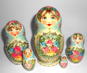 Klara Medium in blue scarf silver dress Babushka Matryoshka nesting Doll Babooshki Babushkas