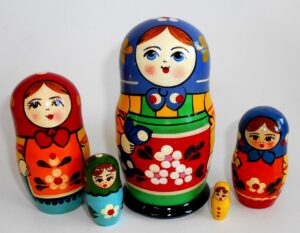 Village blue scarf green dress 5-set Babushka Matryoshka nesting Doll Babooshki Babushkas Classic Village Traditional