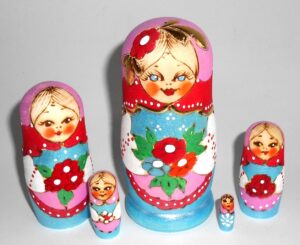 Stacey blue dress pink scarf Babushka Matryoshka nesting Doll Babooshki Babushkas