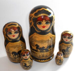 Horses Siluets on gold and black Babushka Matryoshka nesting Doll Babooshki Babushkas