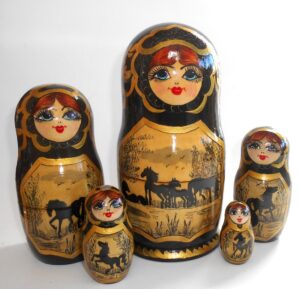 Horses Siluets on gold and black nesting Doll Babooshki s