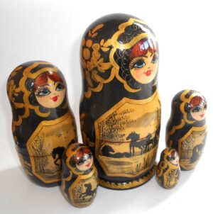 Horses Siluets on gold and black nesting Doll Babooshki s