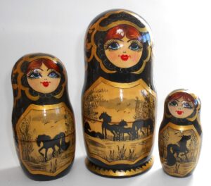 Horses Siluets on gold and black nesting Doll Babooshki s
