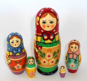 Village 5-set tall red scarf orange apron Babushka Matryoshka nesting Doll Babooshki Babushkas Classic Village Traditional