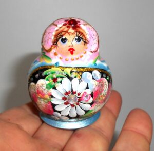 MINI Kira in pink & blue dress TINY nesting Doll Babooshki s