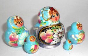 MINI Kira in cyan & purple dress TINY nesting Doll Babooshki s