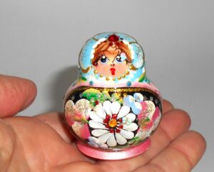 MINI Kira in cyan & pink dress TINY nesting Doll Babooshki s