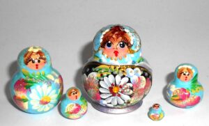 MINI Kira in cyan & purple dress TINY Babushka Matryoshka nesting Doll Babooshki Babushkas