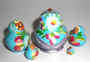 MINI Kira in cyan & purple dress TINY nesting Doll Babooshki s