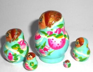 MINI Olga in cyan dress TINY nesting Doll Babooshki s
