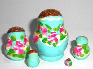 MINI Olga in cyan dress TINY nesting Doll Babooshki s