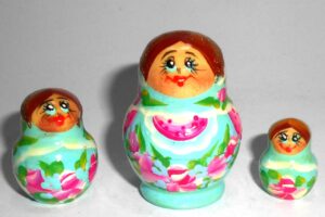 MINI Olga in cyan dress TINY nesting Doll Babooshki s