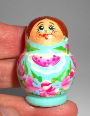 MINI Olga in cyan dress TINY nesting Doll Babooshki s