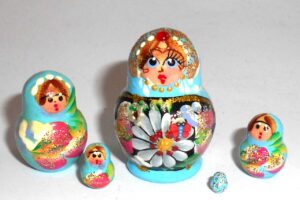MINI Kira in cyan dress TINY Babushka Matryoshka nesting Doll Babooshki Babushkas
