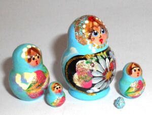 MINI Kira in cyan dress TINY nesting Doll Babooshki s