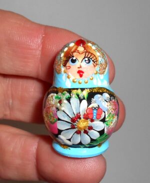 MINI Kira in cyan dress TINY nesting Doll Babooshki s