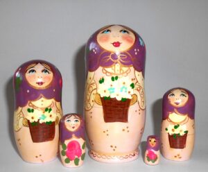 Marusya with flower basket purple scarf small nesting Doll Babooshki s