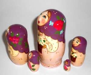 Marusya with flower basket purple scarf small nesting Doll Babooshki s