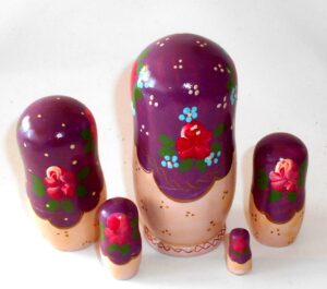 Marusya with flower basket purple scarf small nesting Doll Babooshki s