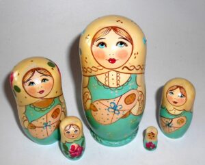 Marusya with baby light  blue dress small Babushka Matryoshka nesting Doll Babooshki Babushkas