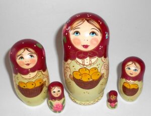 Marusya with apple basket maroon scarf small Babushka Matryoshka nesting Doll Babooshki Babushkas