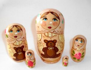 Marusya with Teddy Bear light pink scarf small Babushka Matryoshka nesting Doll Babooshki Babushkas