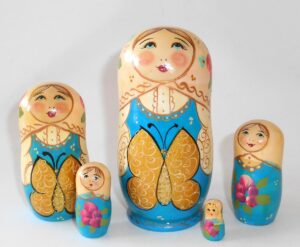 Marusya with golden butterfly light blue dress nesting Doll Babooshki s