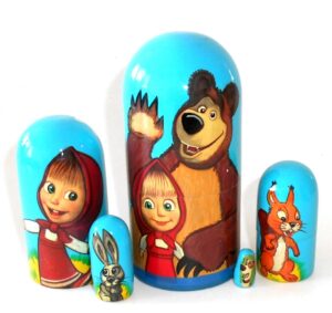 Masha and the Bear on blue small Babushka Matryoshka nesting Doll babooshki Babushkas