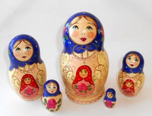 Marusya with doll blue scarf medium Babushka Matryoshka nesting Doll Babooshki Babushkas
