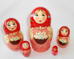 Marusya with flower basket red scarf medium Babushka Matryoshka nesting Doll Babooshki Babushkas