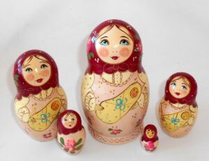 Marusya with baby dark red scarf medium Babushka Matryoshka nesting Doll Babooshki Babushkas