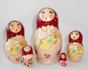 Marusya with baby dark red scarf medium nesting Doll Babooshki s