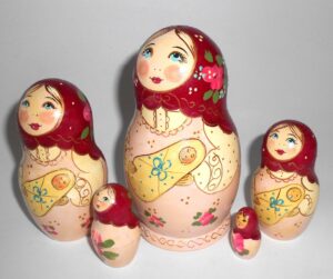 Marusya with baby dark red scarf medium nesting Doll Babooshki s