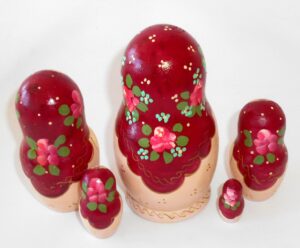 Marusya with baby dark red scarf medium nesting Doll Babooshki s