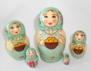 Marusya with apple basket cyan scarf medium Babushka Matryoshka nesting Doll Babooshki Babushkas