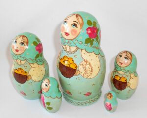 Marusya with apple basket cyan scarf medium nesting Doll Babooshki s