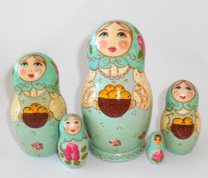 Marusya with apple basket cyan scarf medium nesting Doll Babooshki s